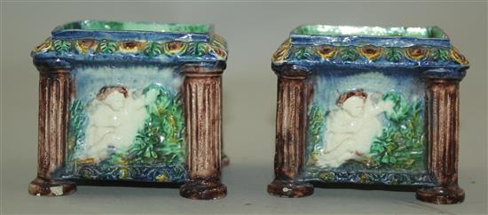 A pair of Palissy style square cache pots, 19th century, height 7.5cm